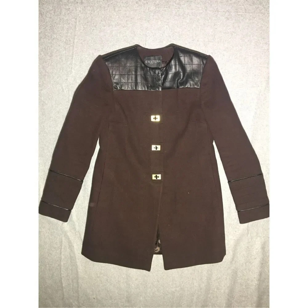 Womens Etcetera Jacket Brown Black Faux Leather 90s Y2K Long Line Gold Hardware